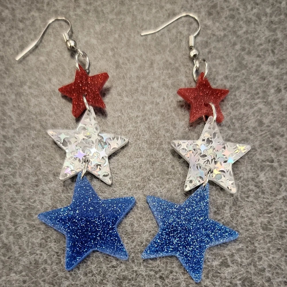 Sparkling Star Earrings - Red, Silver, and Blue - Picture 1 of 1